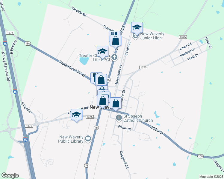 map of restaurants, bars, coffee shops, grocery stores, and more near 1255 Keeland Lane in New Waverly
