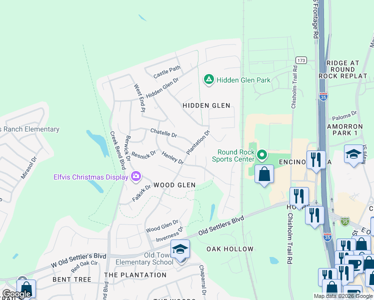 map of restaurants, bars, coffee shops, grocery stores, and more near 2724 Loyaga Drive in Round Rock