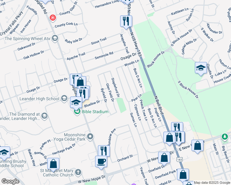 map of restaurants, bars, coffee shops, grocery stores, and more near 2511 Stapleford Drive in Cedar Park