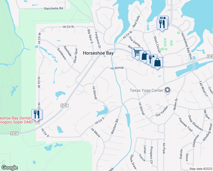 map of restaurants, bars, coffee shops, grocery stores, and more near 114 Lost Spur in Horseshoe Bay