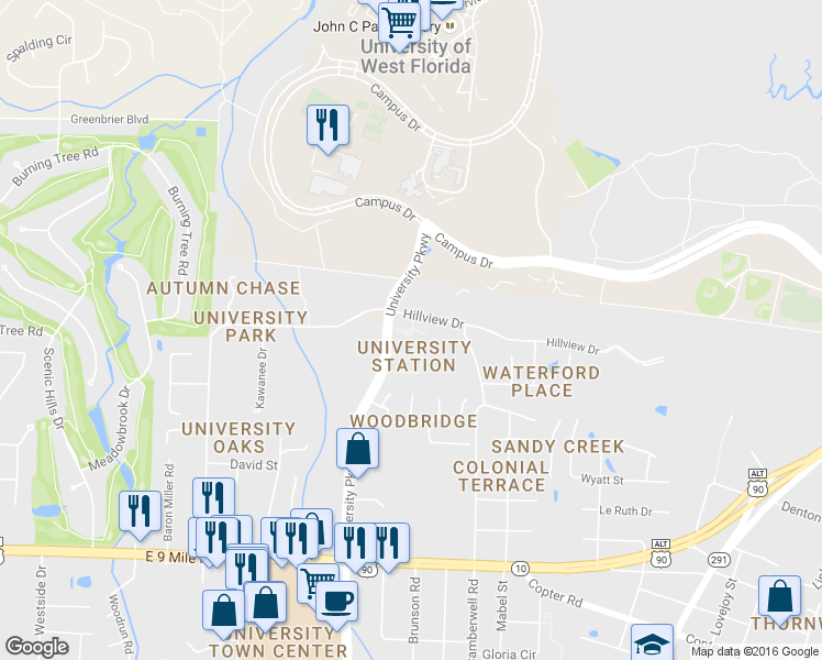 map of restaurants, bars, coffee shops, grocery stores, and more near 10025 Hillview Drive in Pensacola