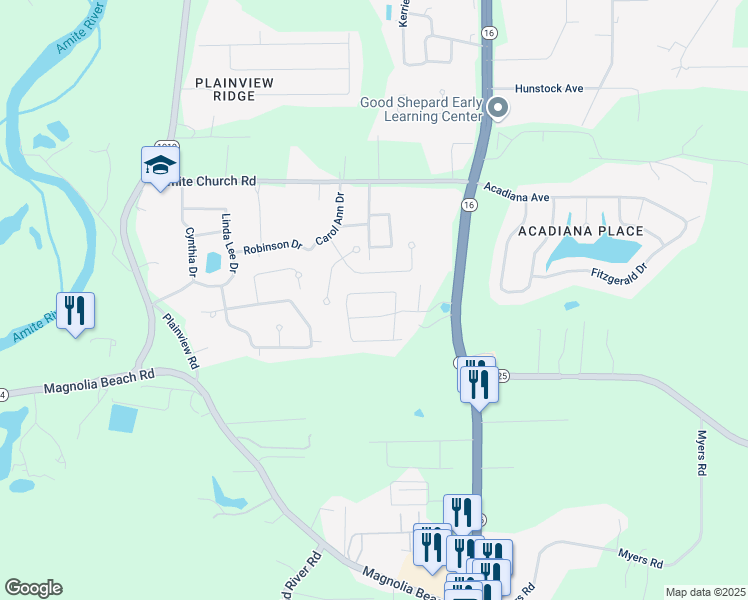map of restaurants, bars, coffee shops, grocery stores, and more near 7754 Ridgeline Drive in Denham Springs