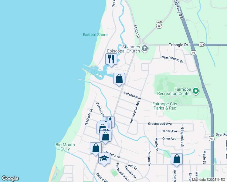 map of restaurants, bars, coffee shops, grocery stores, and more near 304 Volanta Avenue in Fairhope