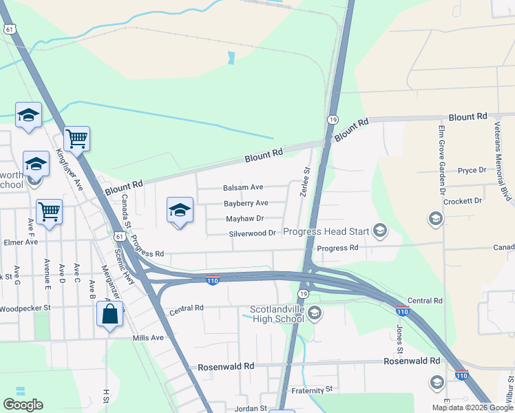 map of restaurants, bars, coffee shops, grocery stores, and more near 1332 Bayberry Avenue in Baton Rouge