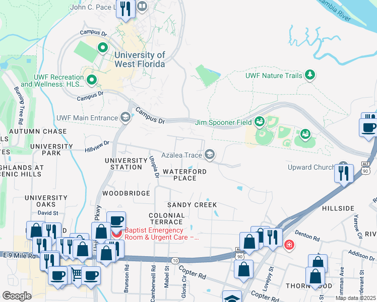map of restaurants, bars, coffee shops, grocery stores, and more near 10095 Hillview Drive in Pensacola