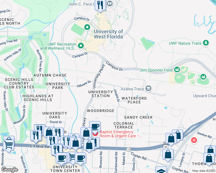 map of restaurants, bars, coffee shops, grocery stores, and more near 10047 University Parkway in Pensacola
