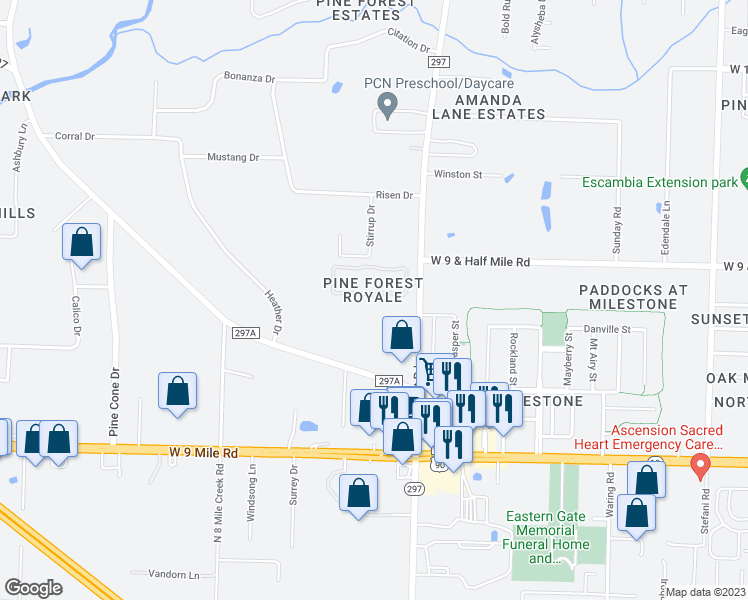 map of restaurants, bars, coffee shops, grocery stores, and more near 2498 Trailwood Drive in Cantonment