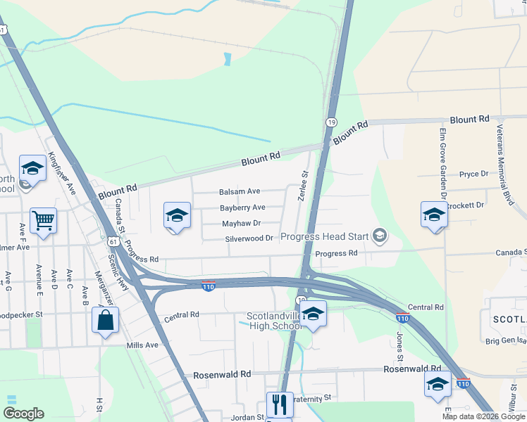 map of restaurants, bars, coffee shops, grocery stores, and more near 1332 Bayberry Avenue in Baton Rouge