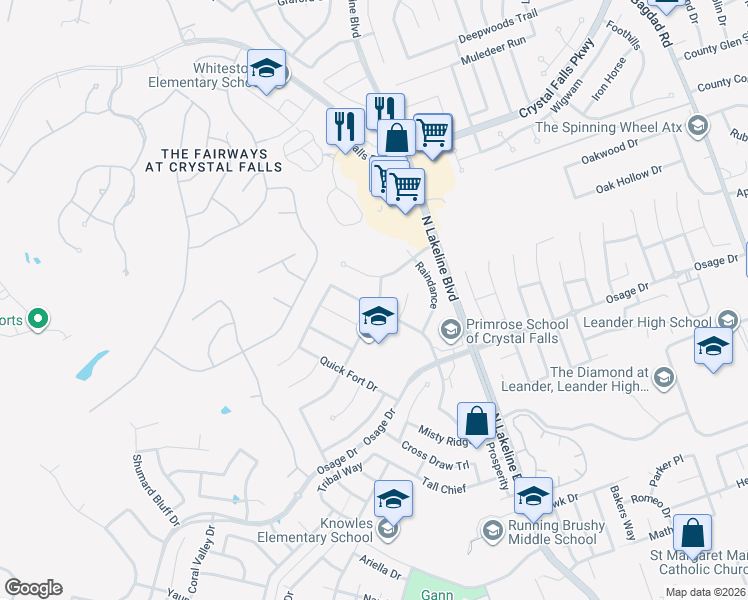 map of restaurants, bars, coffee shops, grocery stores, and more near 2520 Highland Trail in Leander