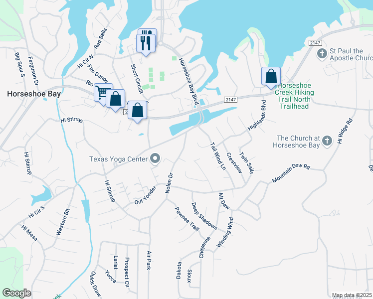 map of restaurants, bars, coffee shops, grocery stores, and more near 315 Clayton Nolen Drive in Horseshoe Bay