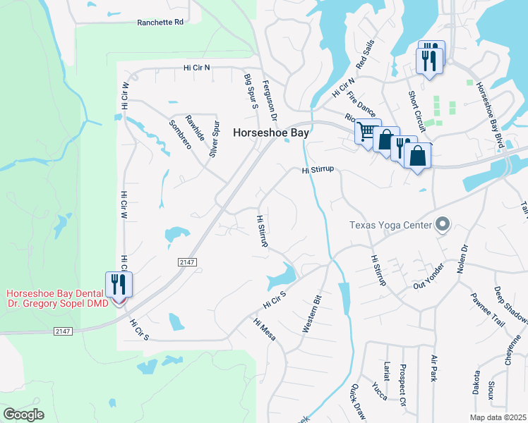map of restaurants, bars, coffee shops, grocery stores, and more near 1201 Hi Stirrup in Horseshoe Bay