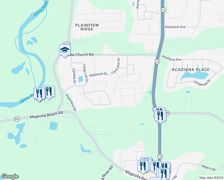 map of restaurants, bars, coffee shops, grocery stores, and more near 32471 Magnolia Court in Denham Springs