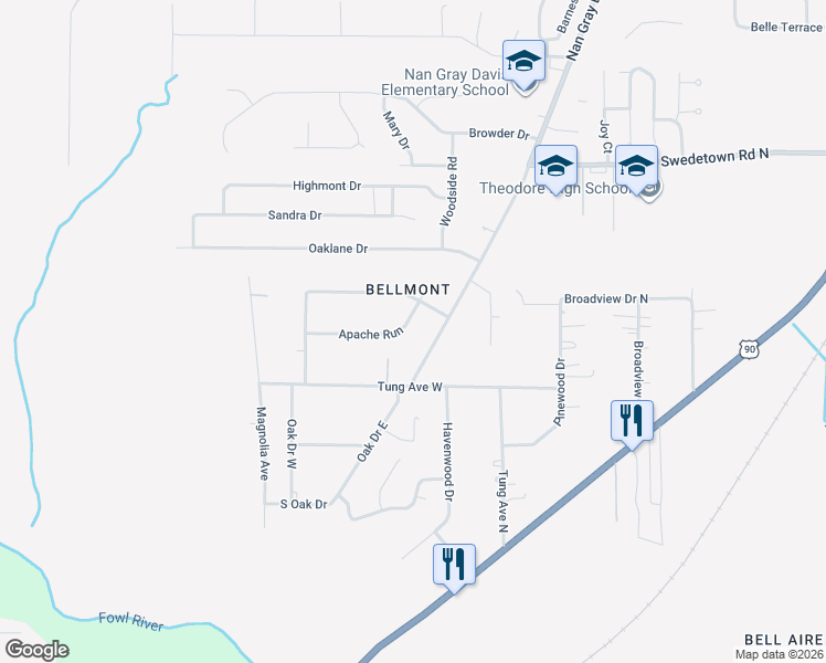 map of restaurants, bars, coffee shops, grocery stores, and more near 6580 Apache Run in Theodore