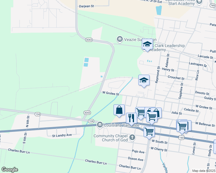 map of restaurants, bars, coffee shops, grocery stores, and more near 2329 Ledoux Circle in Opelousas