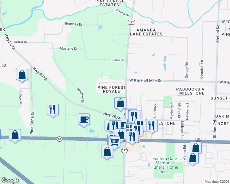map of restaurants, bars, coffee shops, grocery stores, and more near 2494 Trailwood Drive in Cantonment