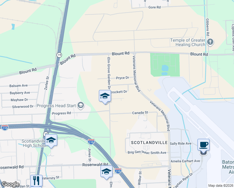 map of restaurants, bars, coffee shops, grocery stores, and more near 2382 Crockett Drive in Baton Rouge