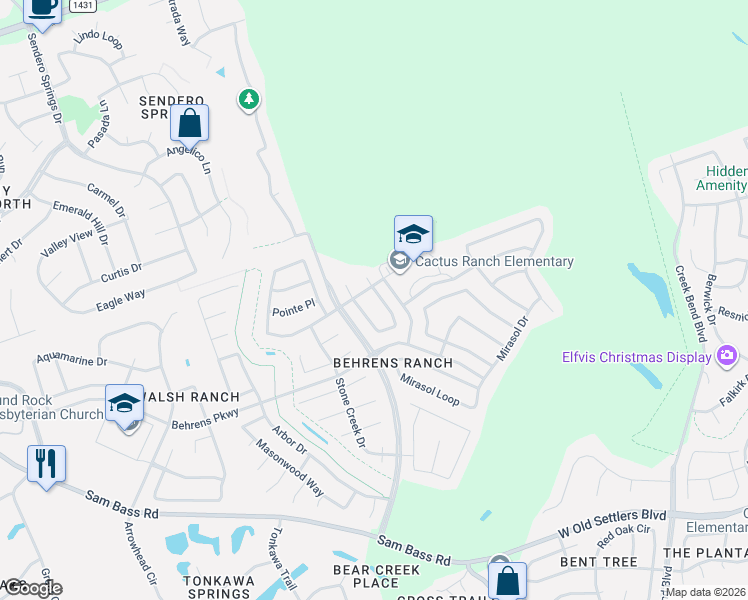 map of restaurants, bars, coffee shops, grocery stores, and more near 3002 Covington Place in Round Rock