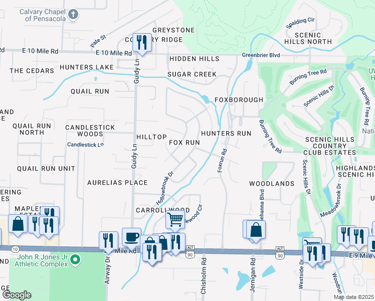 map of restaurants, bars, coffee shops, grocery stores, and more near 9735 Hollowbrook Drive in Pensacola