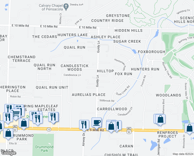 map of restaurants, bars, coffee shops, grocery stores, and more near 999 Grace Drive in Pensacola