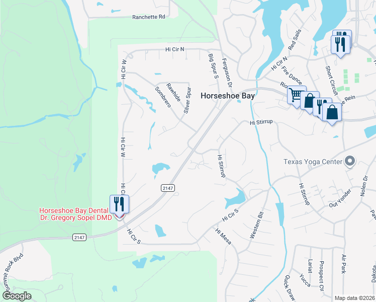 map of restaurants, bars, coffee shops, grocery stores, and more near 1101 Powderhorn in Horseshoe Bay