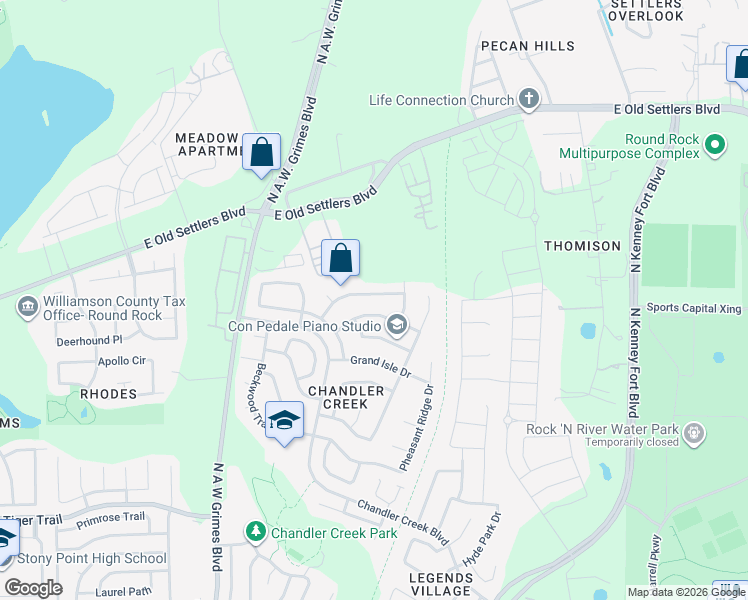 map of restaurants, bars, coffee shops, grocery stores, and more near 218 Chandler Crossing Trail in Round Rock