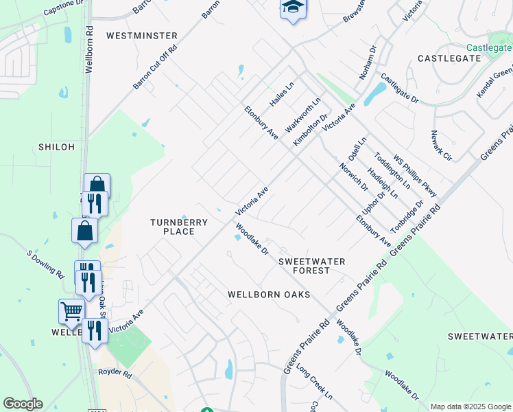 map of restaurants, bars, coffee shops, grocery stores, and more near 2714 Scatterby Cove in College Station