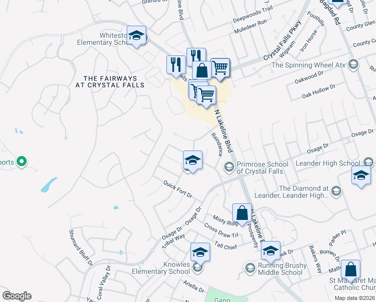 map of restaurants, bars, coffee shops, grocery stores, and more near 2518 Highland Trail in Leander