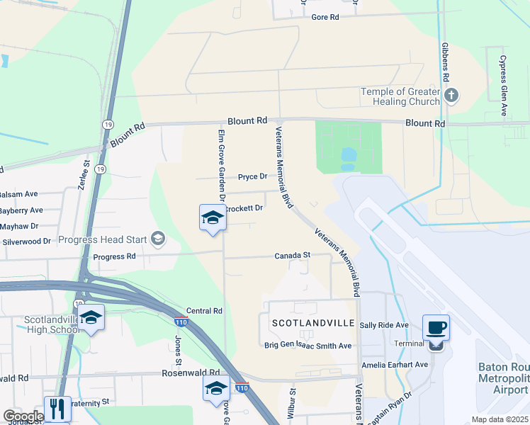 map of restaurants, bars, coffee shops, grocery stores, and more near 2496 Crockett Drive in Baton Rouge