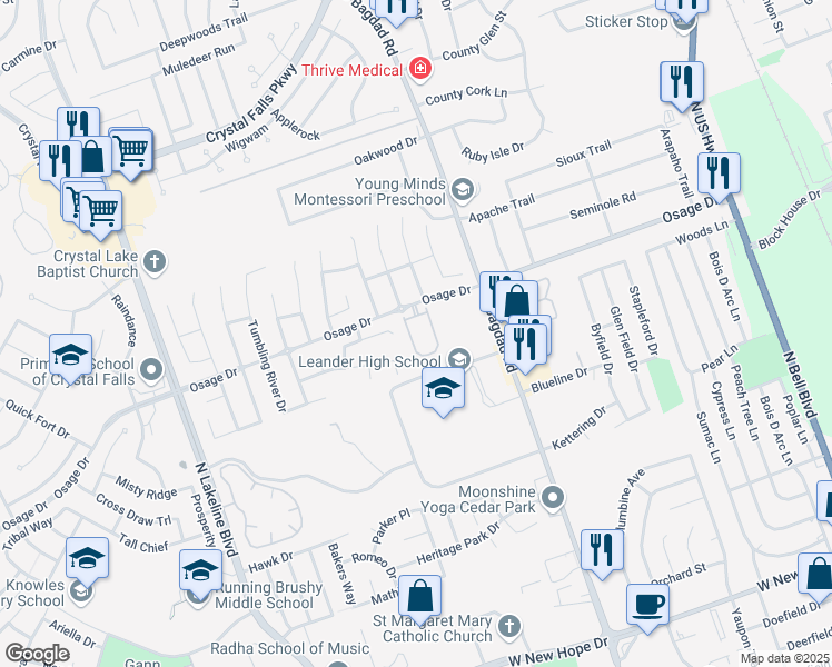 map of restaurants, bars, coffee shops, grocery stores, and more near 90 Verde Ranch Loop in Leander