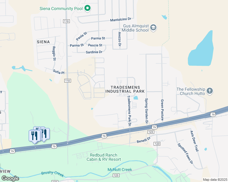map of restaurants, bars, coffee shops, grocery stores, and more near 601 Tradesmens Park Loop in Hutto