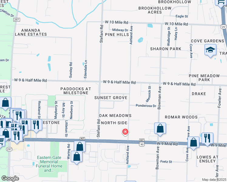 map of restaurants, bars, coffee shops, grocery stores, and more near 1412 Moonlight Drive in Ensley