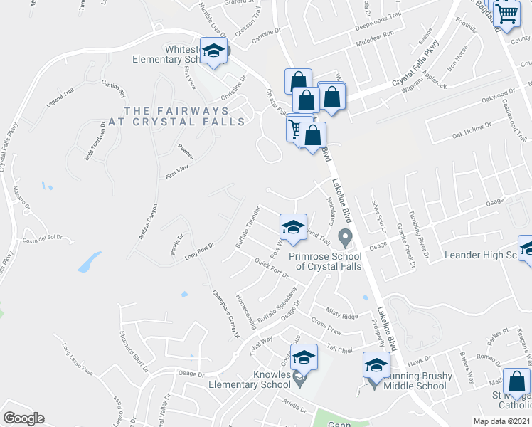map of restaurants, bars, coffee shops, grocery stores, and more near 2507 Highland Trail in Leander