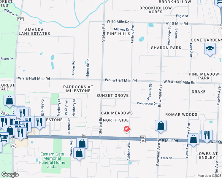 map of restaurants, bars, coffee shops, grocery stores, and more near 1412 Moonlight Drive in Cantonment
