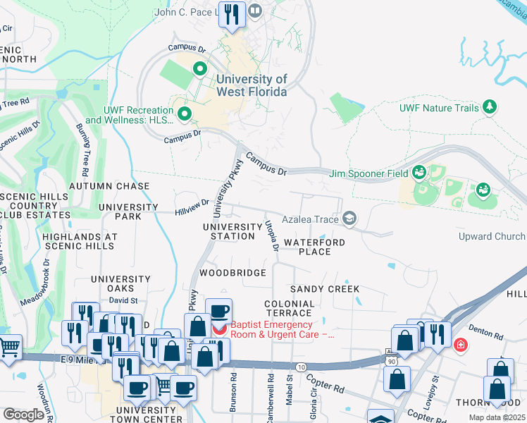 map of restaurants, bars, coffee shops, grocery stores, and more near 10055 Hillview Drive in Pensacola