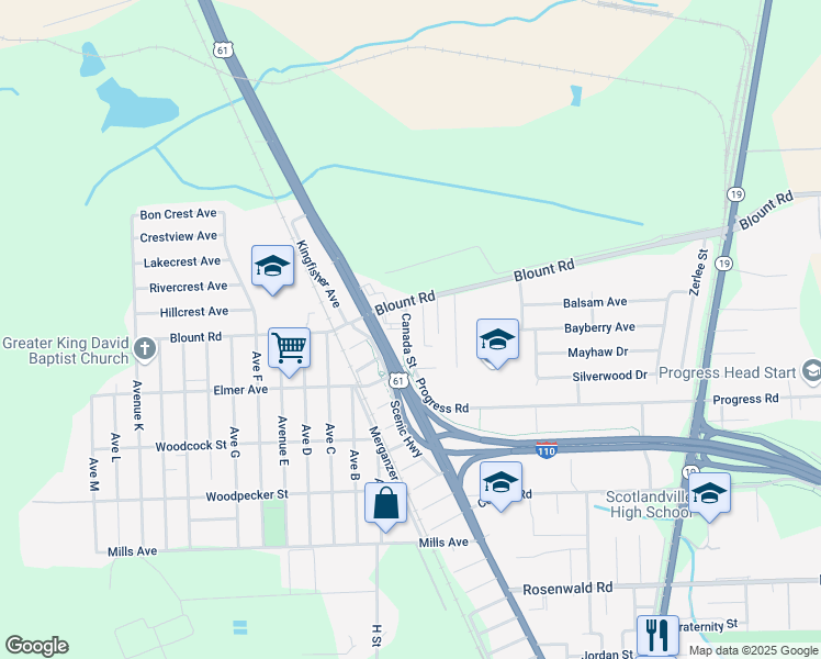 map of restaurants, bars, coffee shops, grocery stores, and more near 10464 Canada Street in Baton Rouge