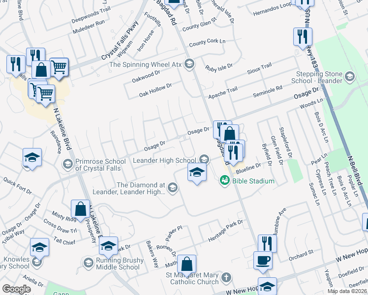 map of restaurants, bars, coffee shops, grocery stores, and more near 90 Verde Ranch Loop in Leander