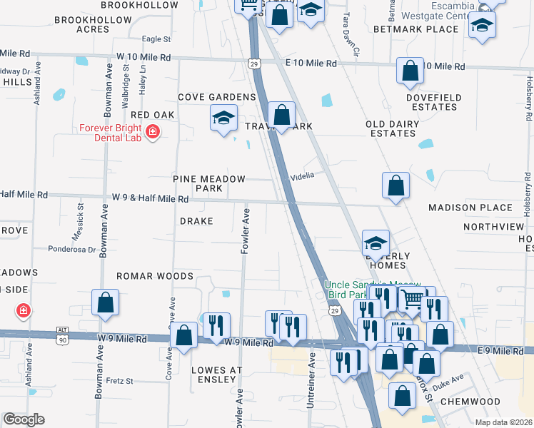map of restaurants, bars, coffee shops, grocery stores, and more near 9810 Lyman Street in Pensacola