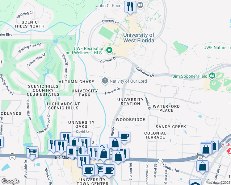 map of restaurants, bars, coffee shops, grocery stores, and more near 9975 University Parkway in Pensacola