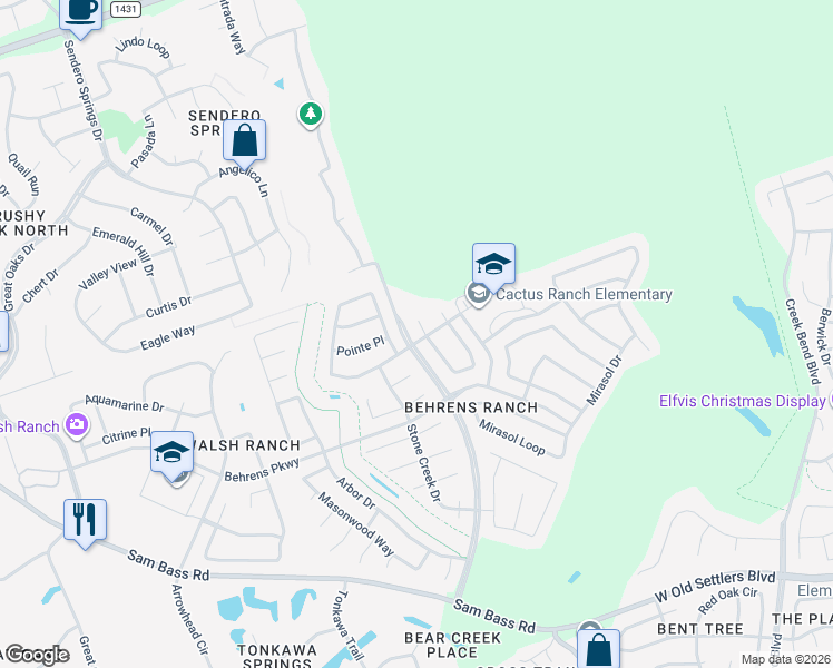 map of restaurants, bars, coffee shops, grocery stores, and more near 2700 Covington Place in Round Rock