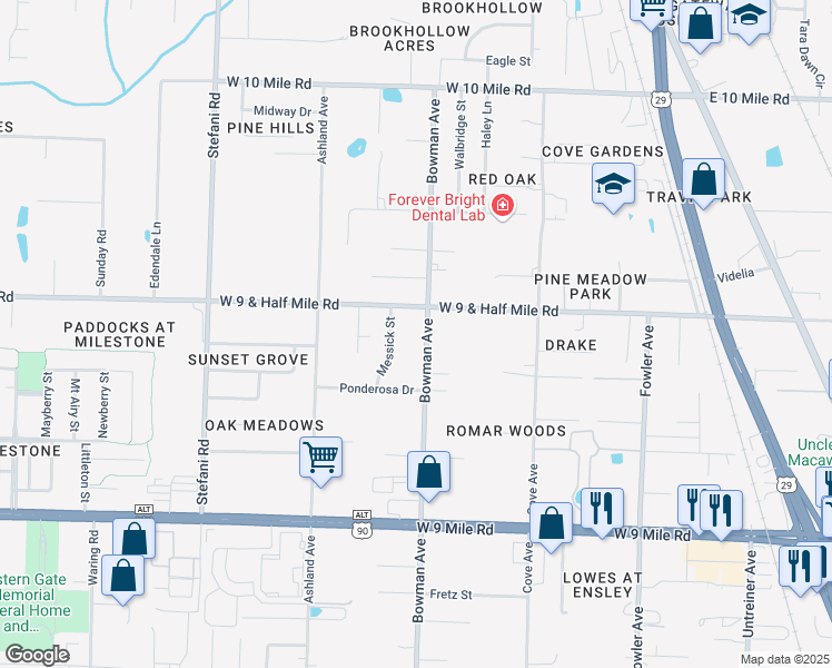 map of restaurants, bars, coffee shops, grocery stores, and more near 9979 Bowman Avenue in Pensacola