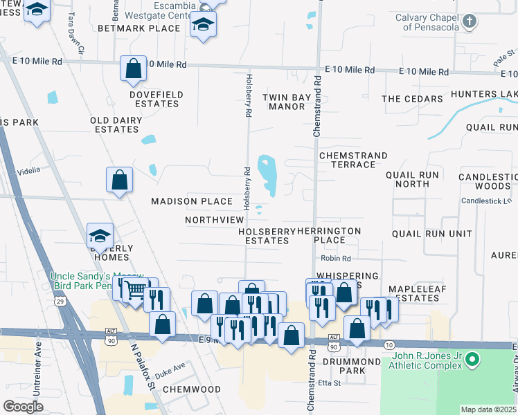 map of restaurants, bars, coffee shops, grocery stores, and more near 9800 Holsberry Road in Pensacola