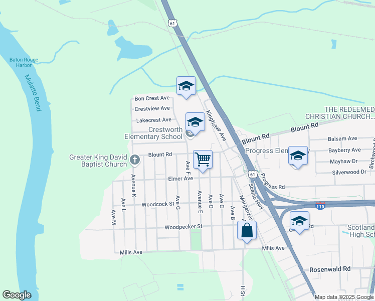 map of restaurants, bars, coffee shops, grocery stores, and more near 10650 Avenue F in Baton Rouge
