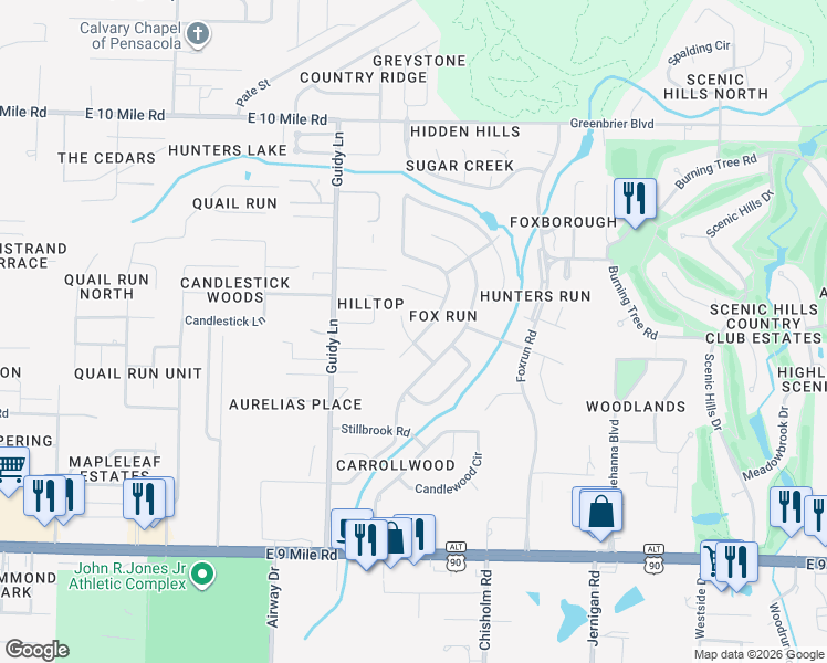 map of restaurants, bars, coffee shops, grocery stores, and more near 9900 Stone Meadow Road in Pensacola