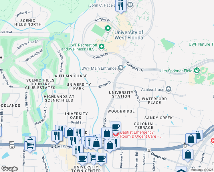 map of restaurants, bars, coffee shops, grocery stores, and more near 9975 University Parkway in Pensacola