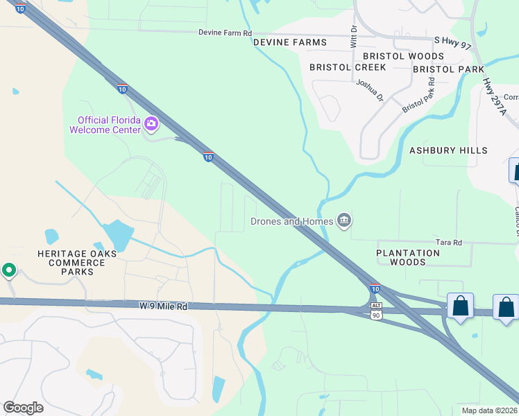 map of restaurants, bars, coffee shops, grocery stores, and more near 9808 Nature Creek Boulevard in Pensacola