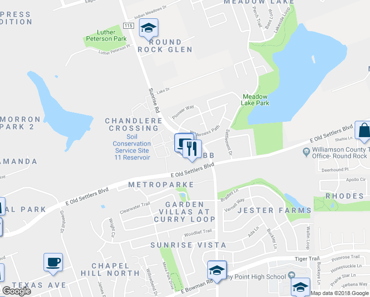 map of restaurants, bars, coffee shops, grocery stores, and more near 2700 Sunrise Road in Round Rock