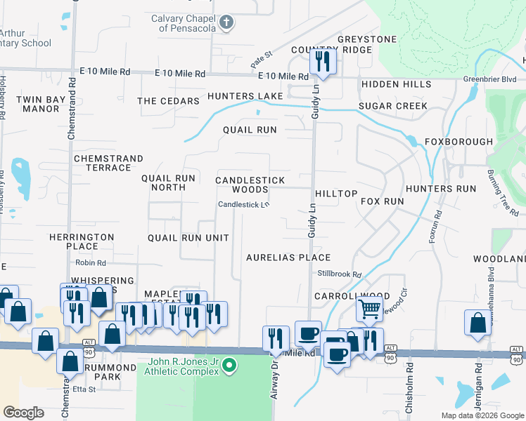 map of restaurants, bars, coffee shops, grocery stores, and more near 9960 Candlestick Lane in Pensacola