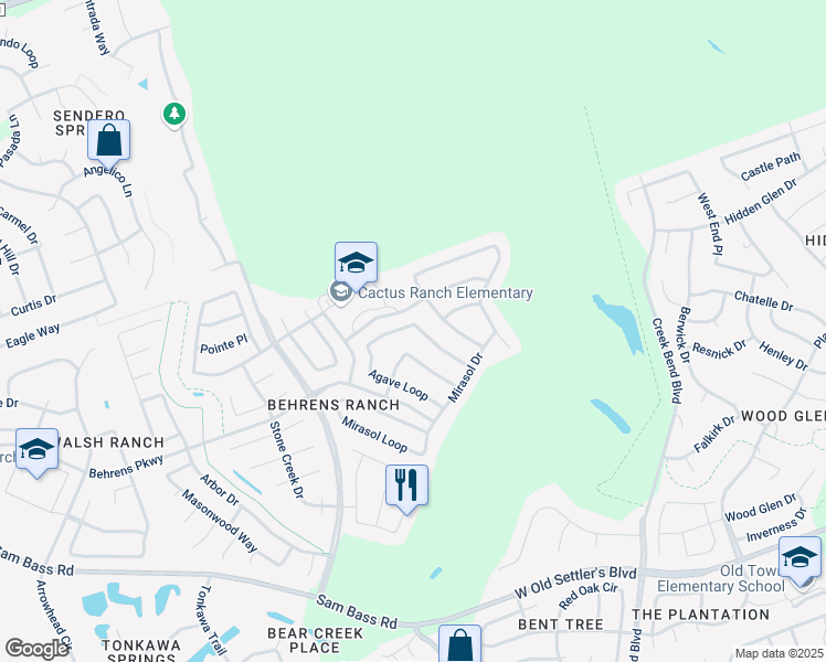 map of restaurants, bars, coffee shops, grocery stores, and more near 3028 Agave Loop in Round Rock