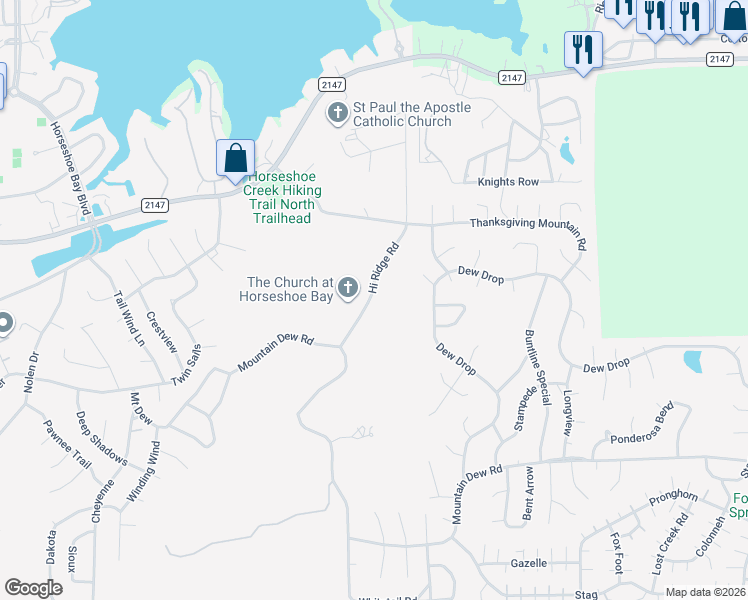 map of restaurants, bars, coffee shops, grocery stores, and more near 600 Hi Ridge Road in Horseshoe Bay