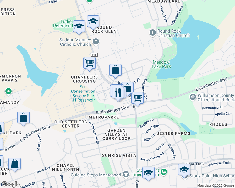 map of restaurants, bars, coffee shops, grocery stores, and more near 2700 Sunrise Road in Round Rock